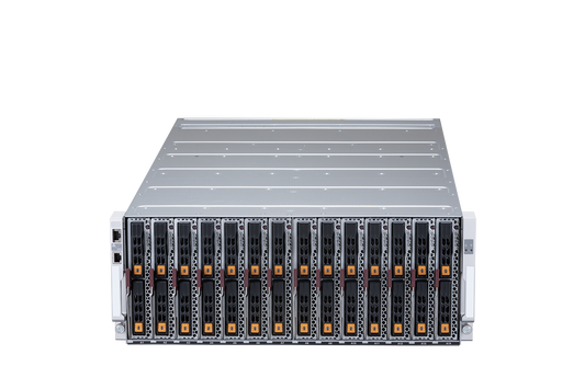Fortinet FAZ-BD-4500G silver server rack with orange-lit black drive bays