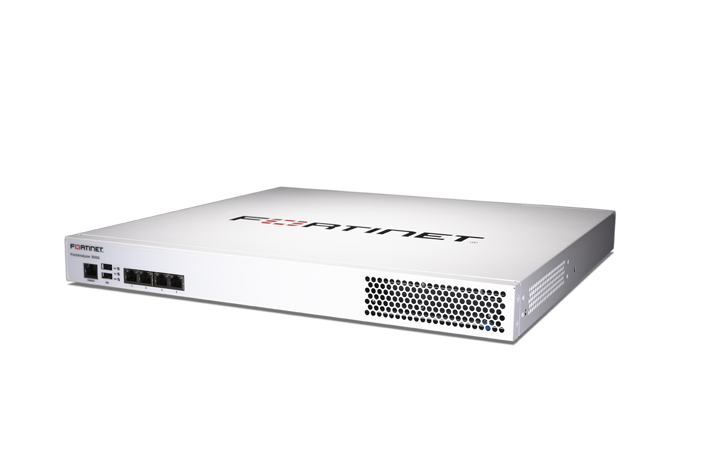 White Fortinet FortiGate-60E security appliance on FortiAnalyzer-300G product