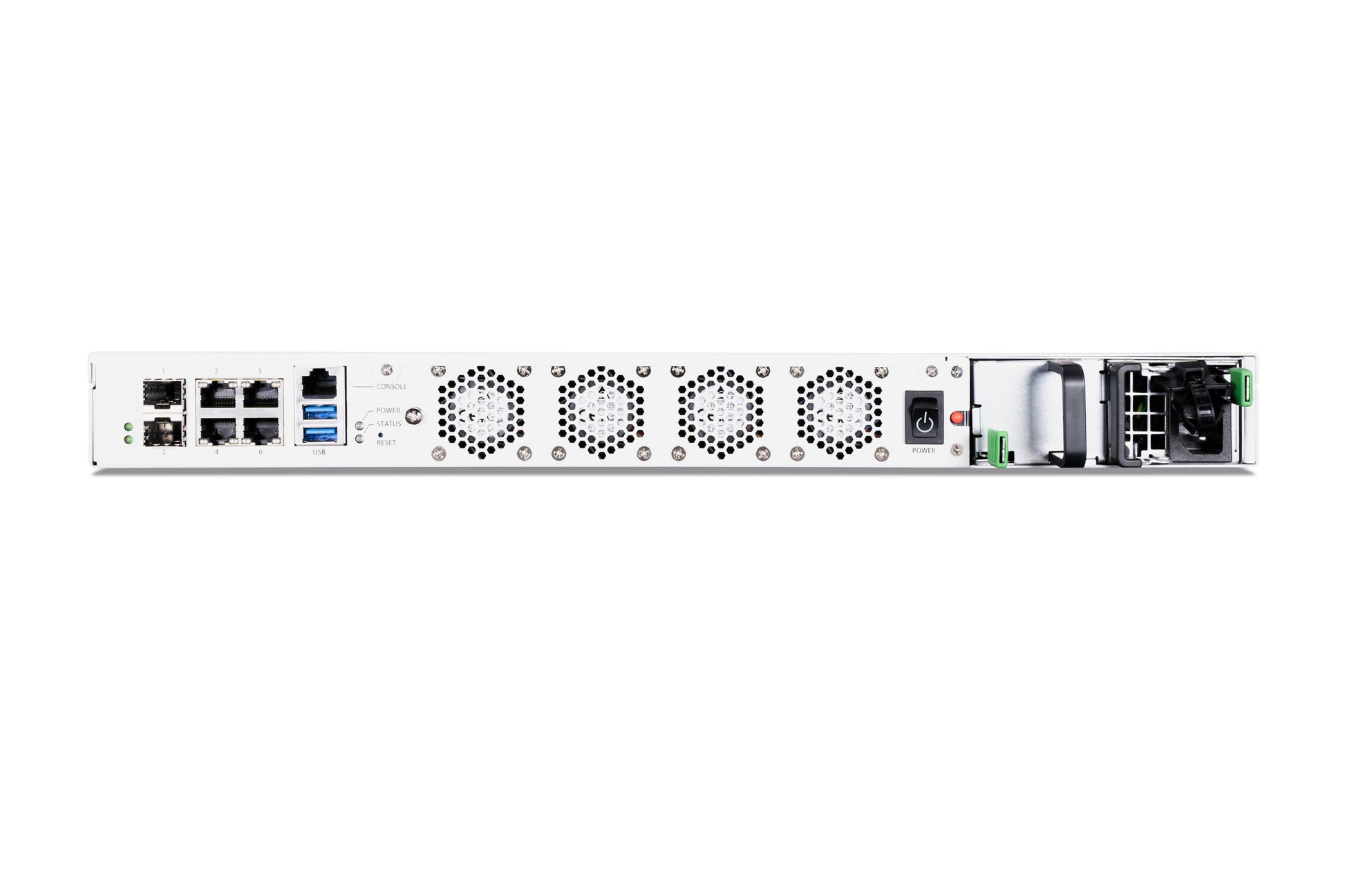 Rear view of white Fortinet SP-FAZ800G-PS AC power supply with ethernet ports and vents