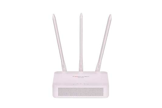 Fortinet FEX-101G white plastic wireless router with antennas and perforated panel
