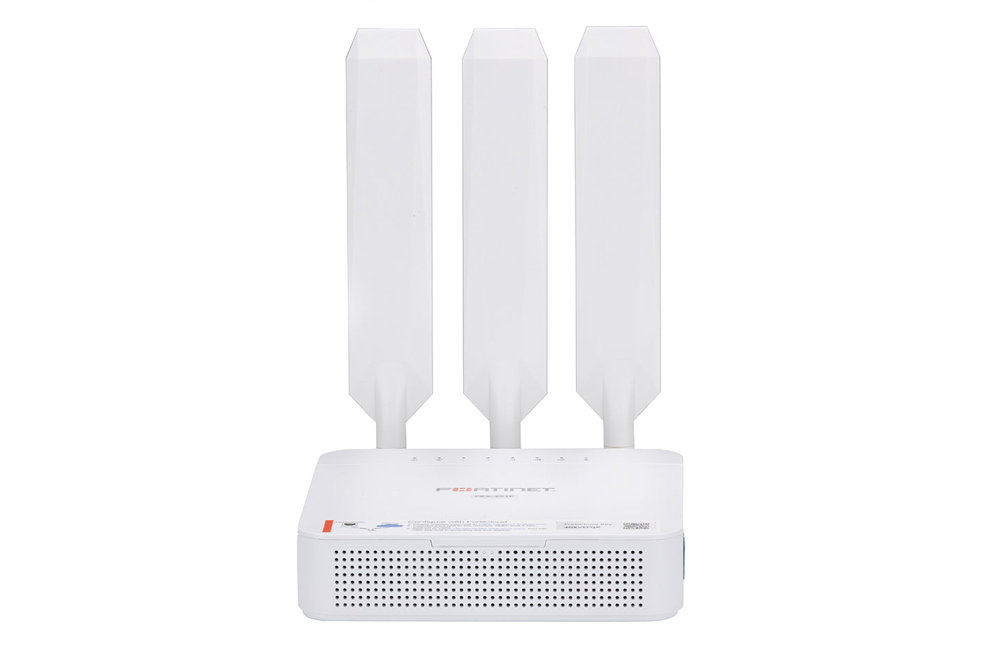 Fortinet FEX-201F-EA white plastic wireless LTE CAT7 router with 3 antennas