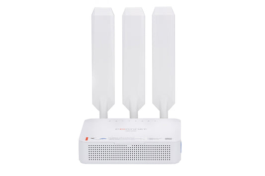 Fortinet FEX-201F-EA white plastic wireless LTE CAT7 router with 3 antennas