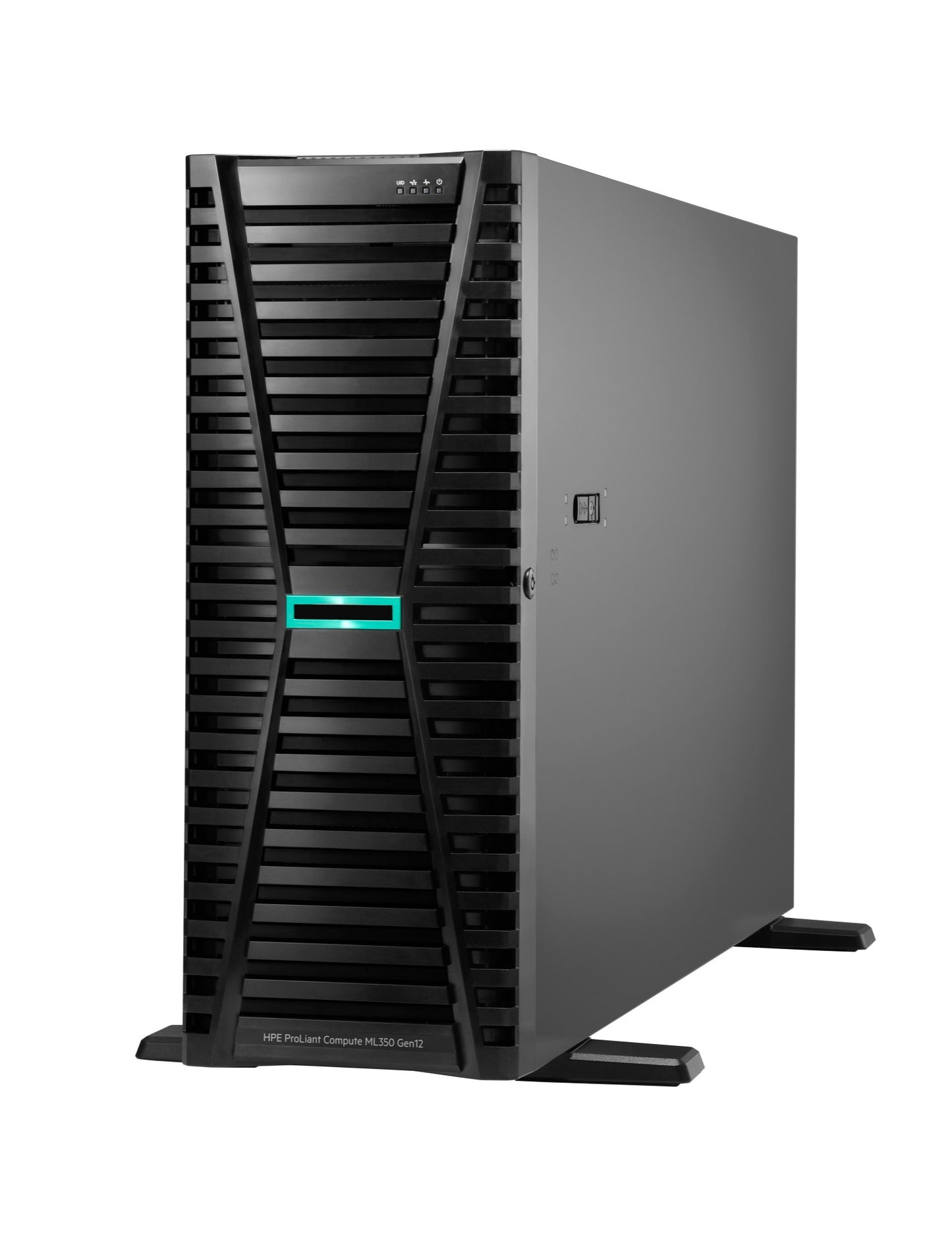 Black HPE ProLiant ML350 Gen12 tower server with vertical slatted front panel and glowing teal LED indicator