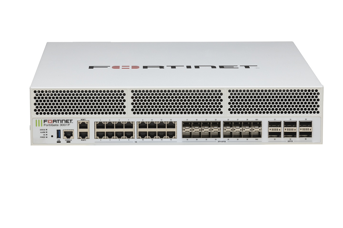 White Fortinet FortiGate 3001F with 16x SFP28 and 18x 10G ports