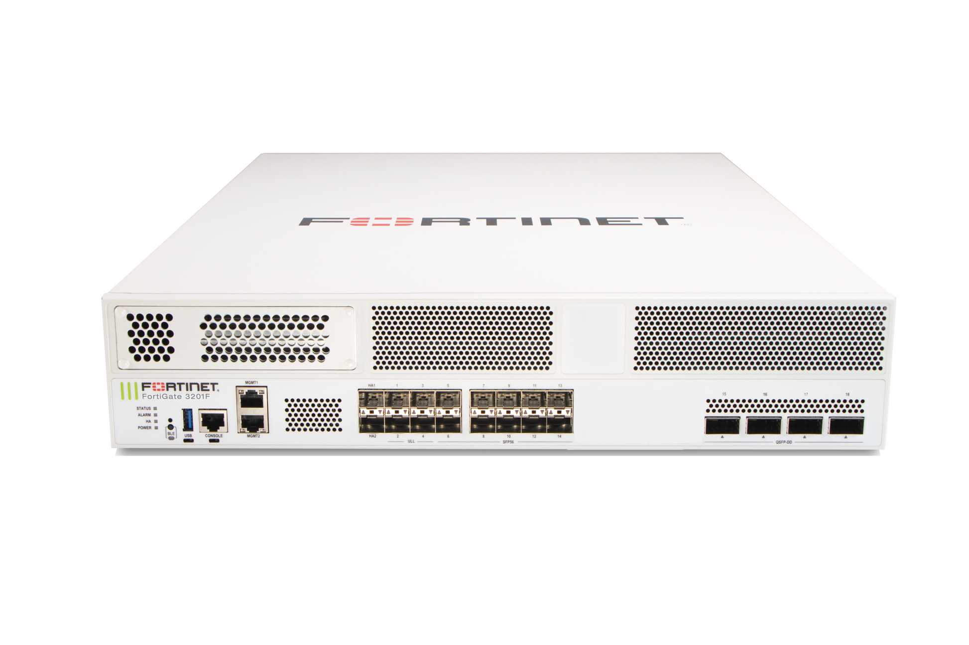Rear view of white Fortinet FortiGate 650F with multiple Ethernet ports