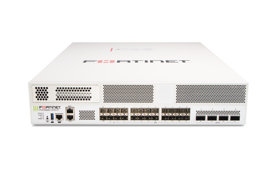 White Fortinet FortiGate 701F firewall rear with ethernet ports and vents