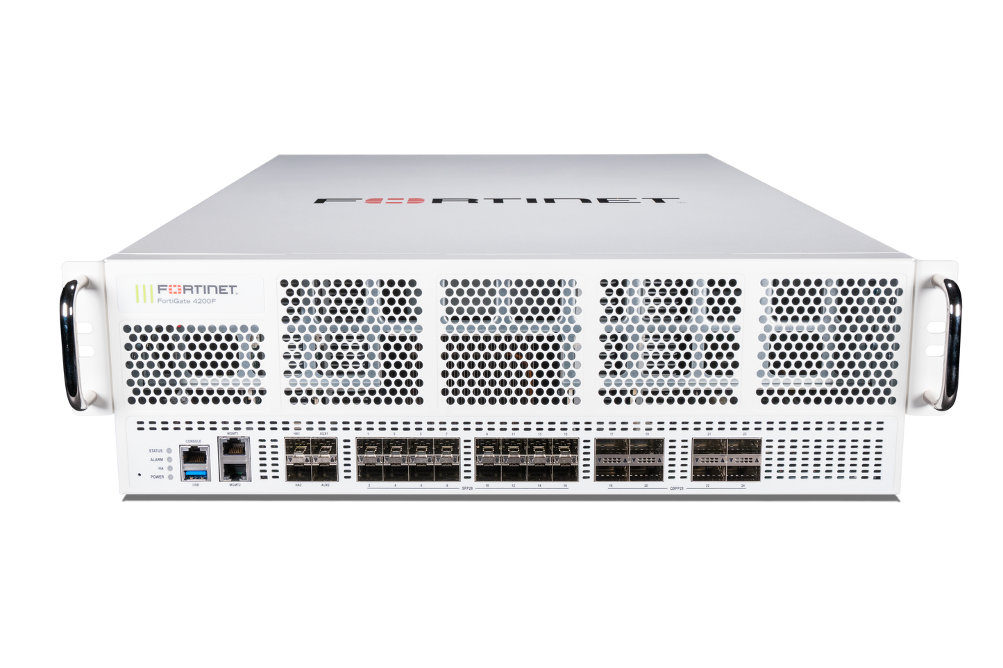 Fortinet FortiGate 4200F rear with ports and perforated casing