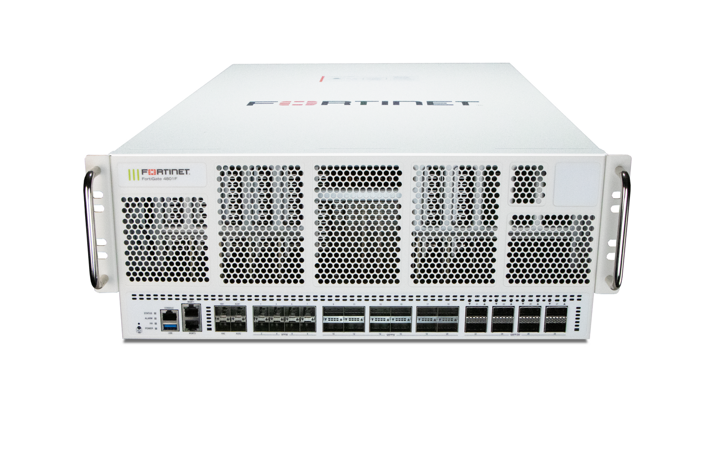 White Fortinet FortiGate 601F with perforated panel and Ethernet ports