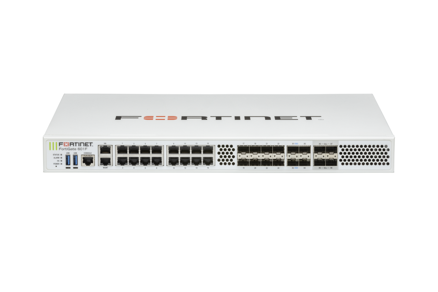 White Fortinet FortiGate 601F rear with Ethernet ports and vents