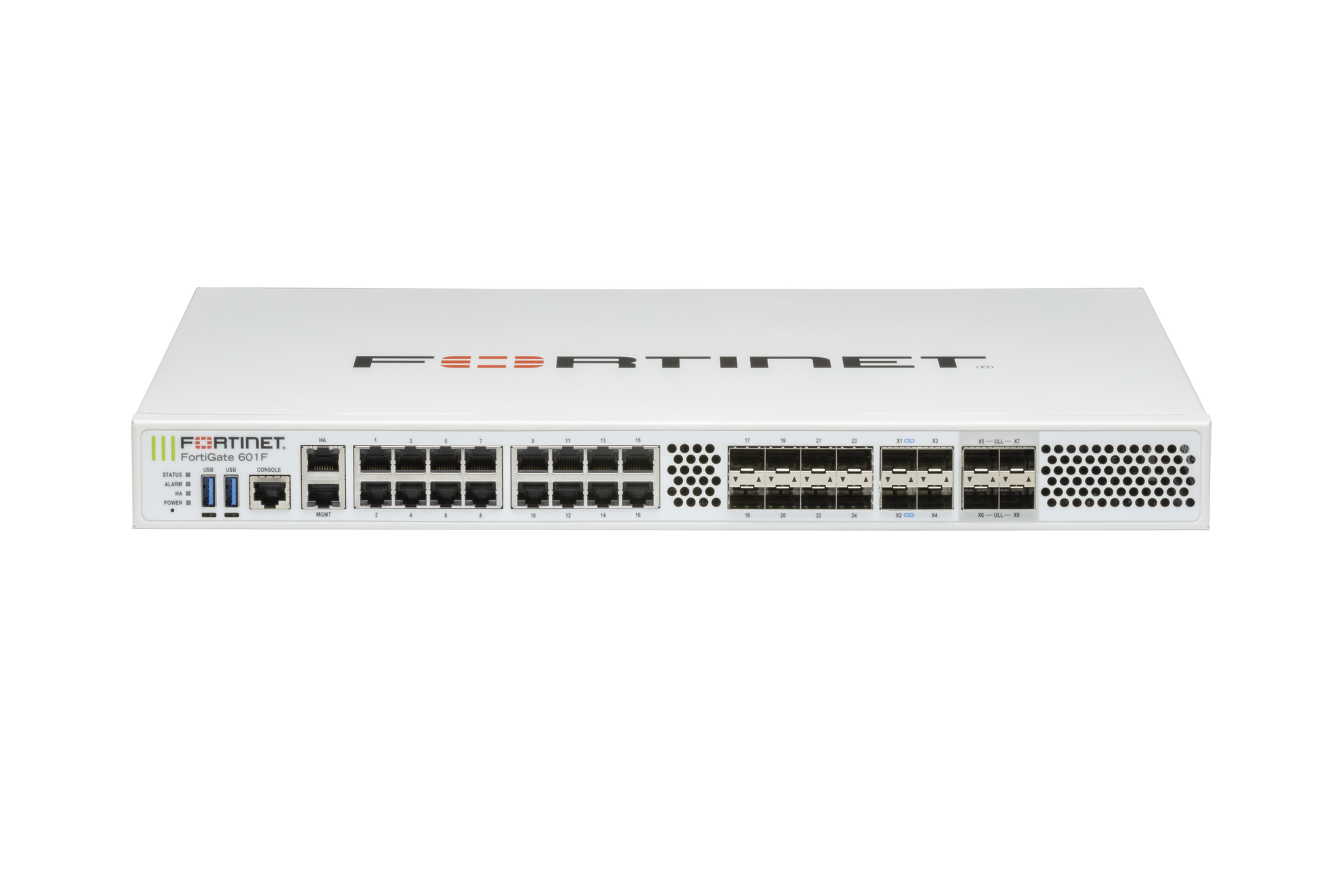 White Fortinet FortiGate 601F rear with Ethernet ports and vents