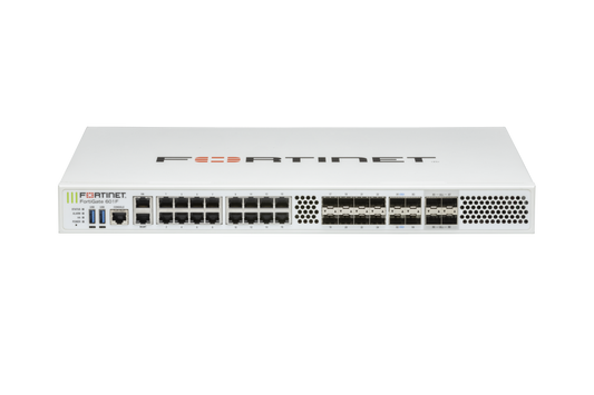 White Fortinet FortiGate 601F rear with Ethernet ports and vents