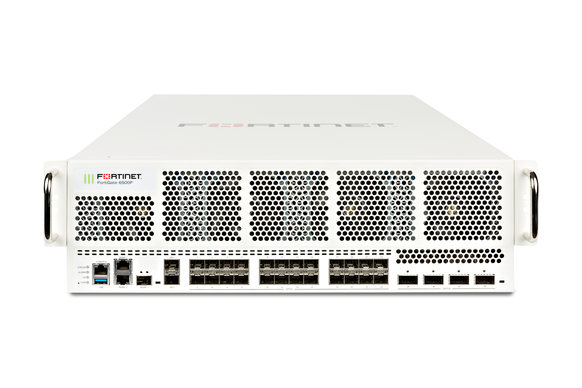 Fortinet FortiGate-6500F front with perforated panel and Ethernet ports