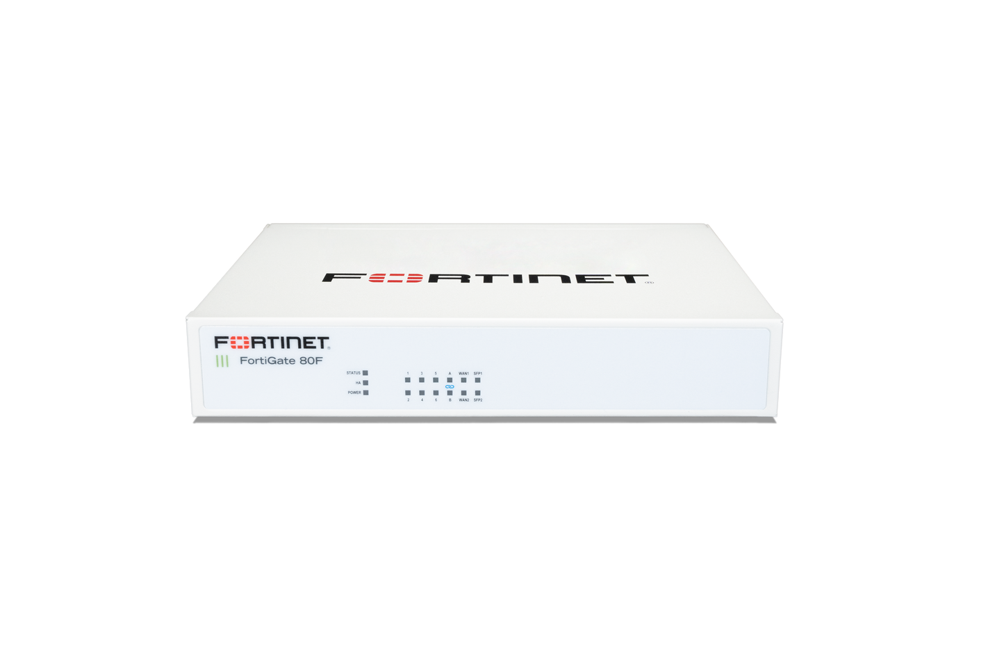 White Fortinet FortiGate 80F-DSL-HA security appliance front view
