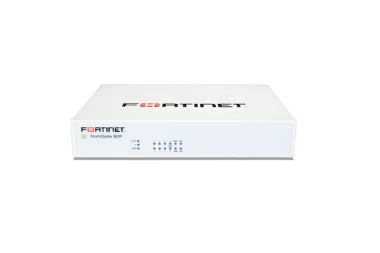 White Fortinet FortiGate 80F HA firewall with front panel lights