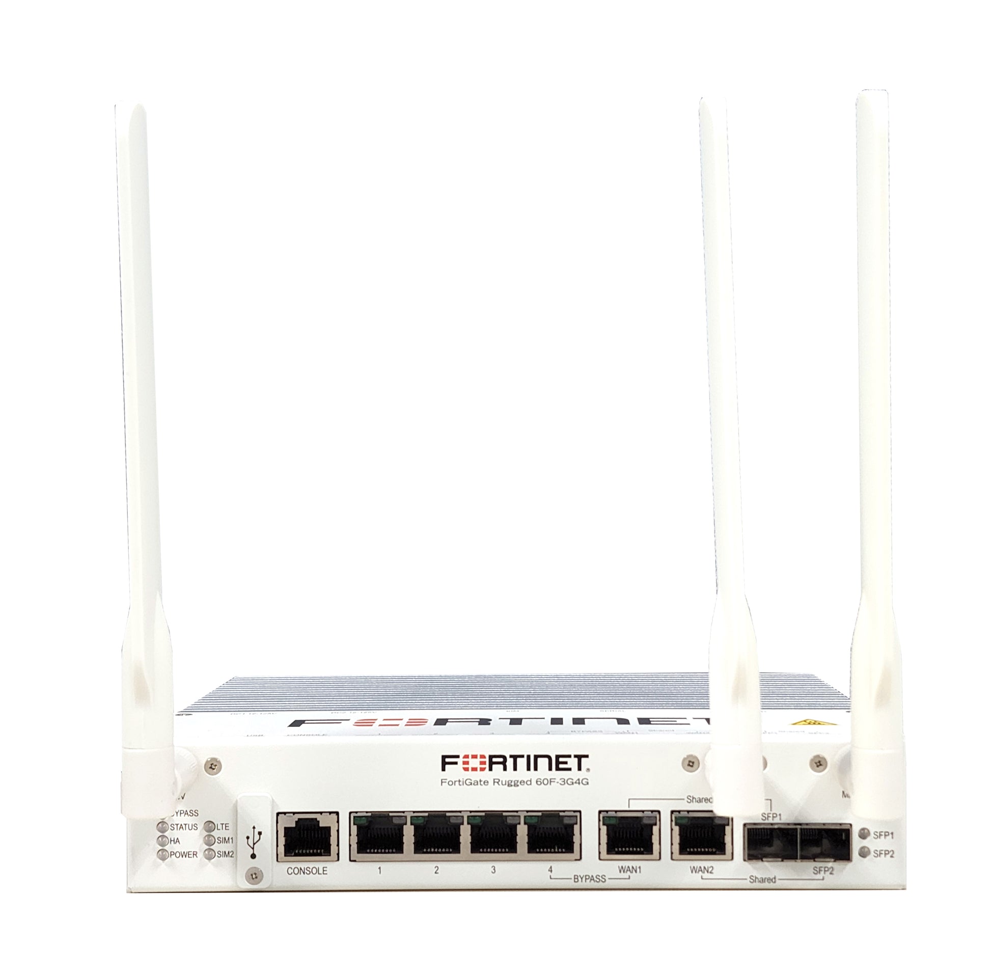 White Fortinet FortiGate Rugged 60F-3G4G with 4 antennas and ports