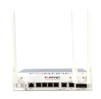 White Fortinet FortiGate Rugged 60F-3G4G with 4 antennas and ports