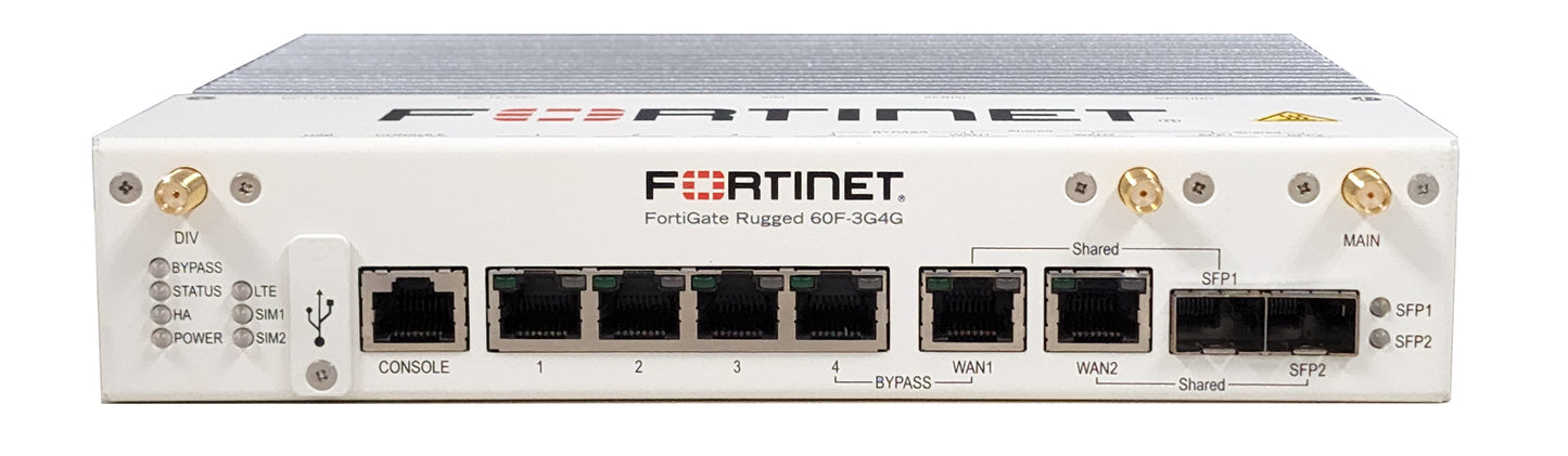 White Fortinet FortiGate Rugged 60F-3G4G with Ethernet ports and antennas