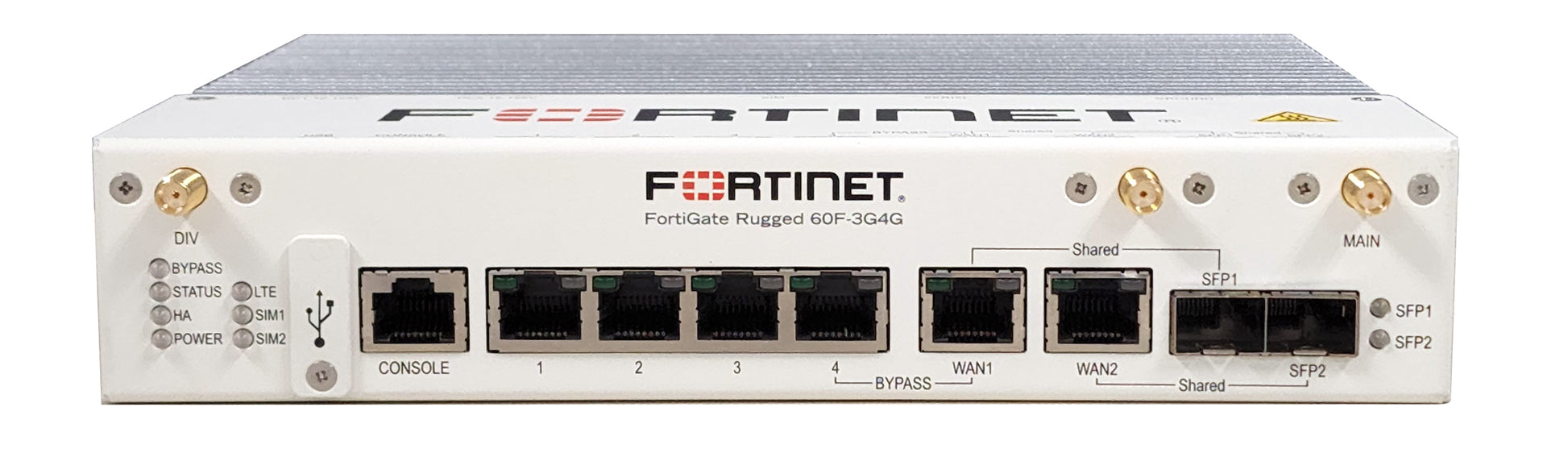 White Fortinet FortiGate Rugged 60F-3G4G with Ethernet ports and antennas