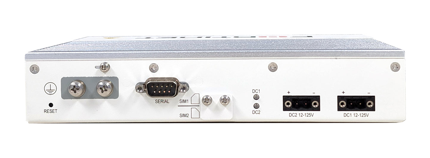 Back of Fortinet FortiGate Rugged-60F with DC jacks, serial port, SIM slots