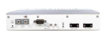 Back of Fortinet FortiGate Rugged-60F with DC jacks, serial port, SIM slots