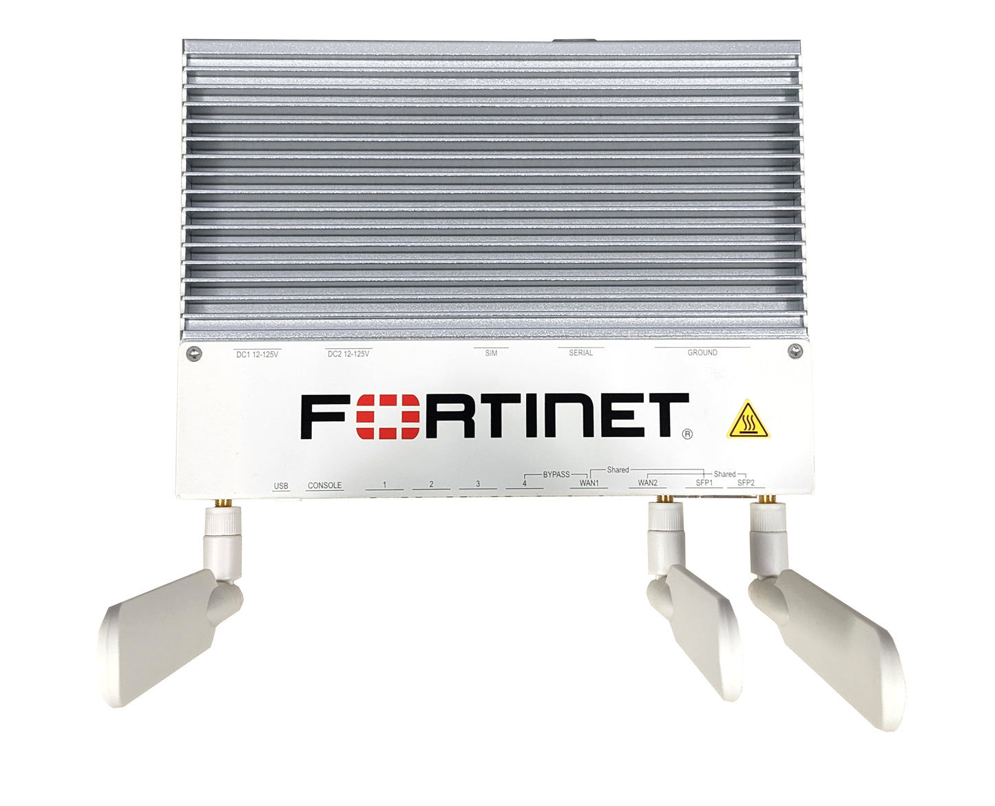 Fortinet FortiGate Rugged-60F silver appliance with ribbed heat sink, antennas