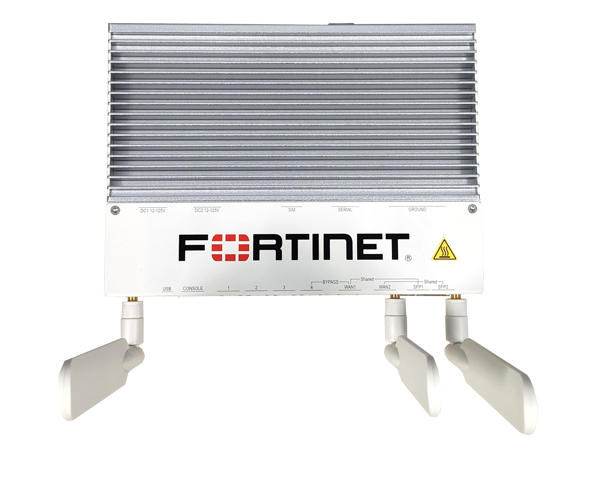 Fortinet FortiGate Rugged-60F silver appliance with ribbed heat sink, antennas