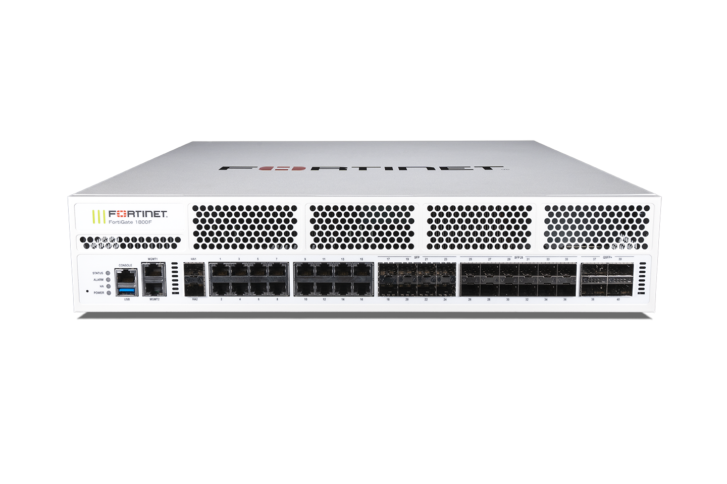 White Fortinet FortiGate 1800F security appliance front view