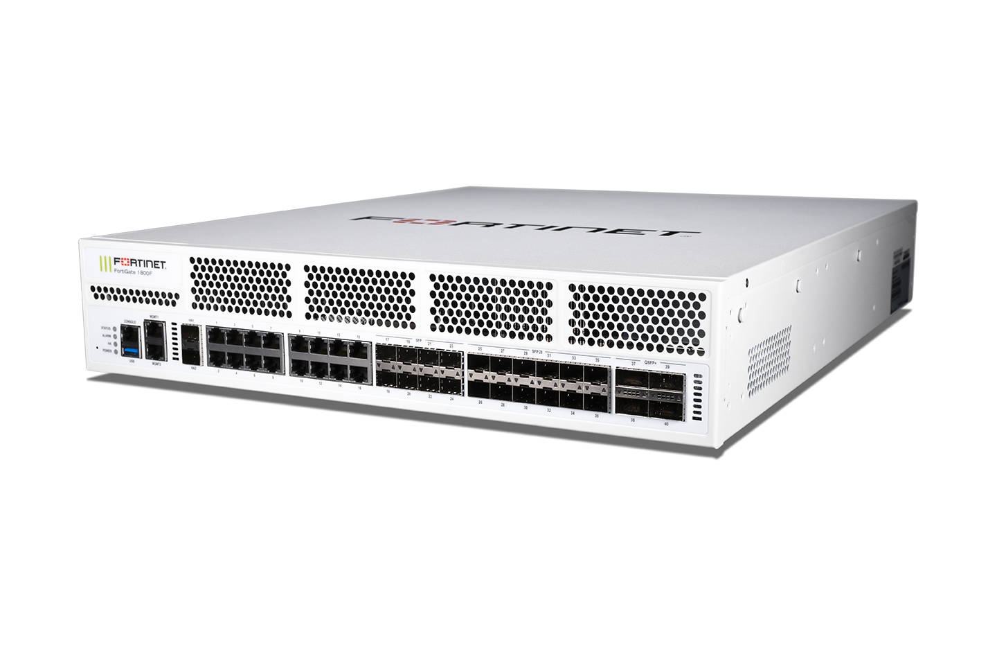 White Fortinet FortiGate firewall with ethernet ports front panel