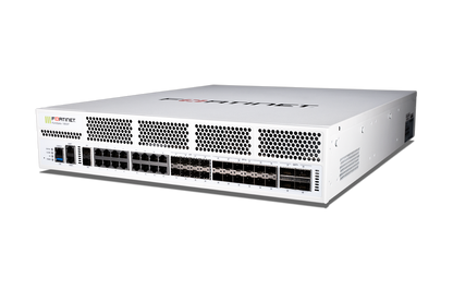 White Fortinet FortiGate firewall with ethernet ports front panel