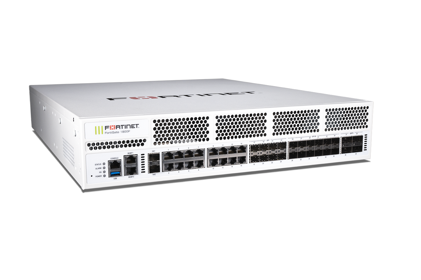 White Fortinet FortiGate-1800F security appliance with ports and grilles