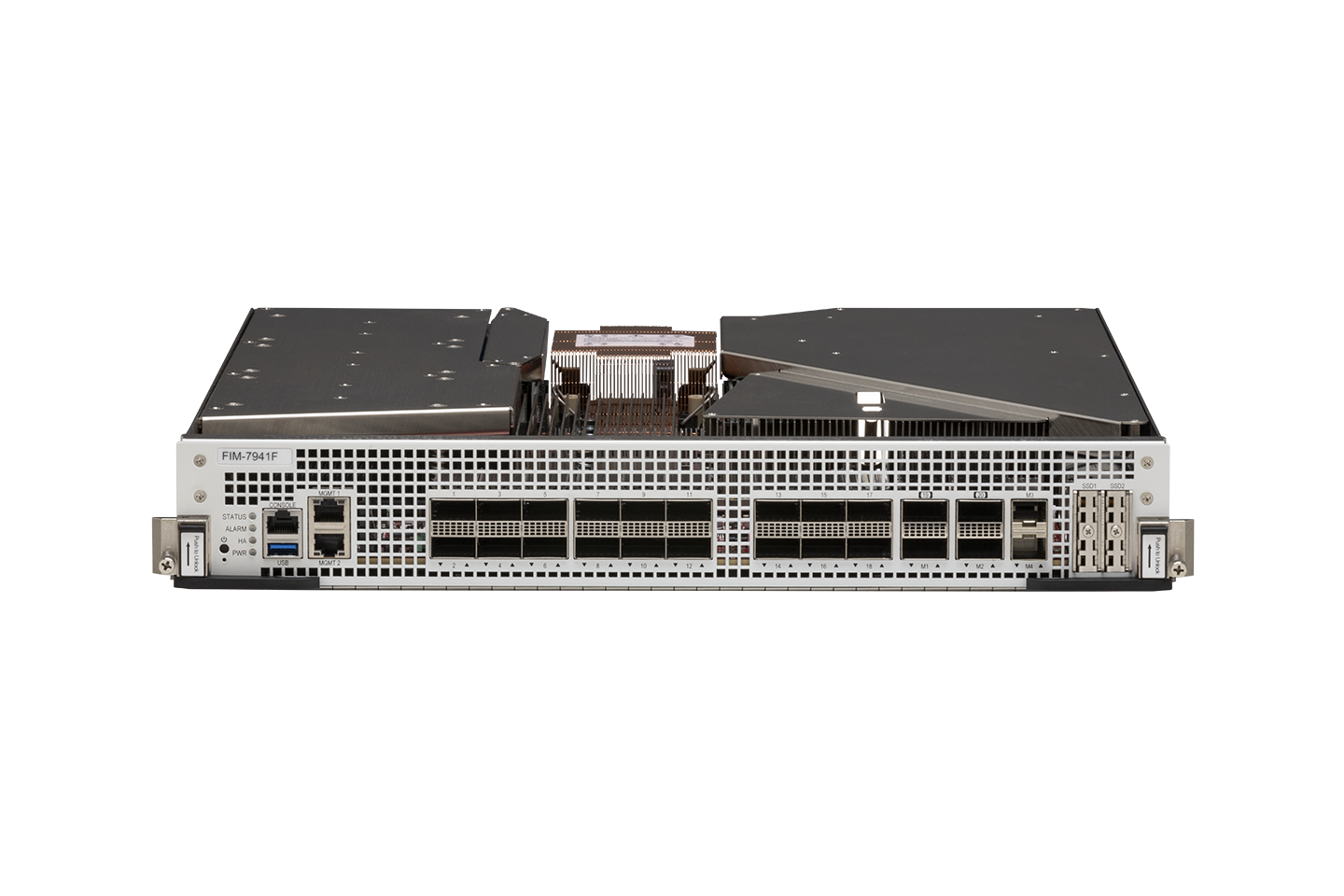 Fortinet FIM-7941F silver server rack with Ethernet ports and cooling fan