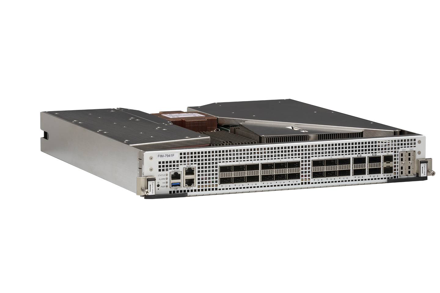 Fortinet FIM-7941F silver server rack with QSFP-DD, QSFP28 ports, front panel