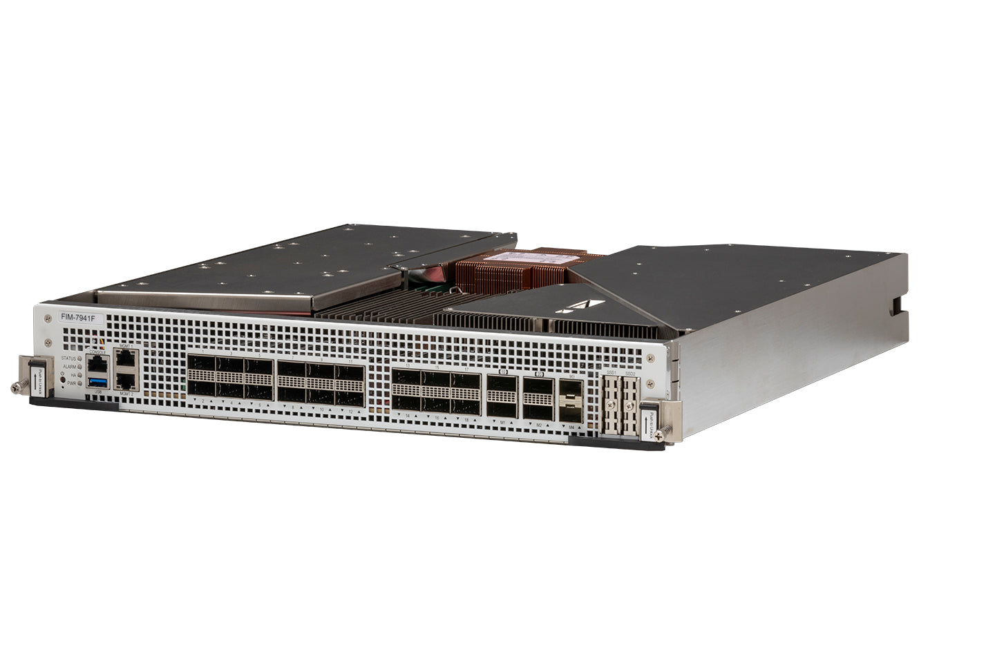 Fortinet FIM-7941F 7xxxF I/O module with silver rack, ports, heat sinks