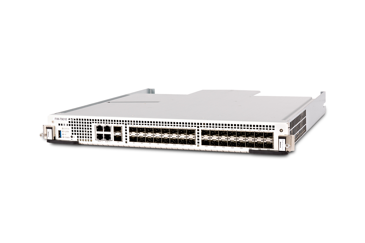 Fortinet FIM-7901E network switch with 4x GE RJ45 and 34x 10GE SFP+ ports