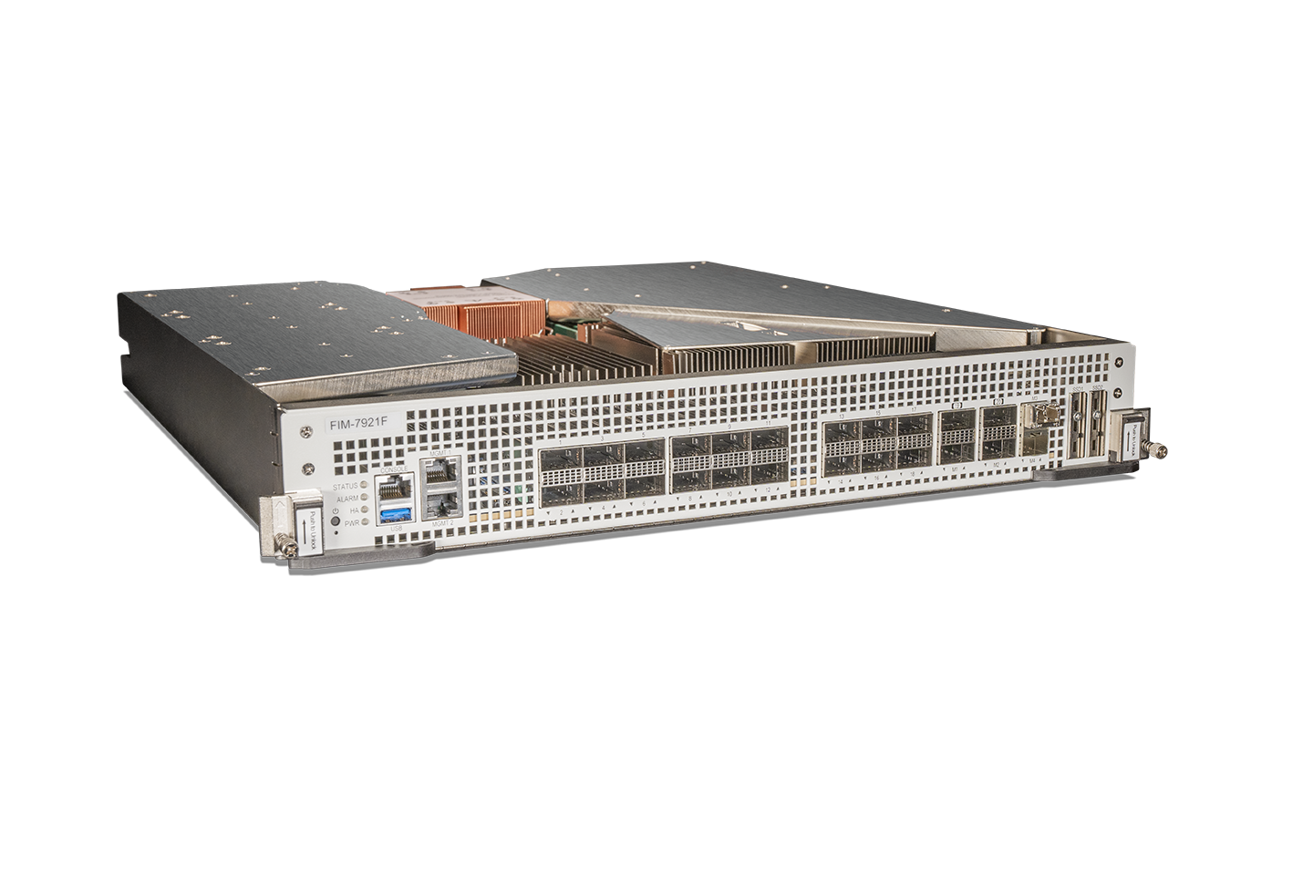 Fortinet FIM-7921F silver server rack I/O module with ports and vents