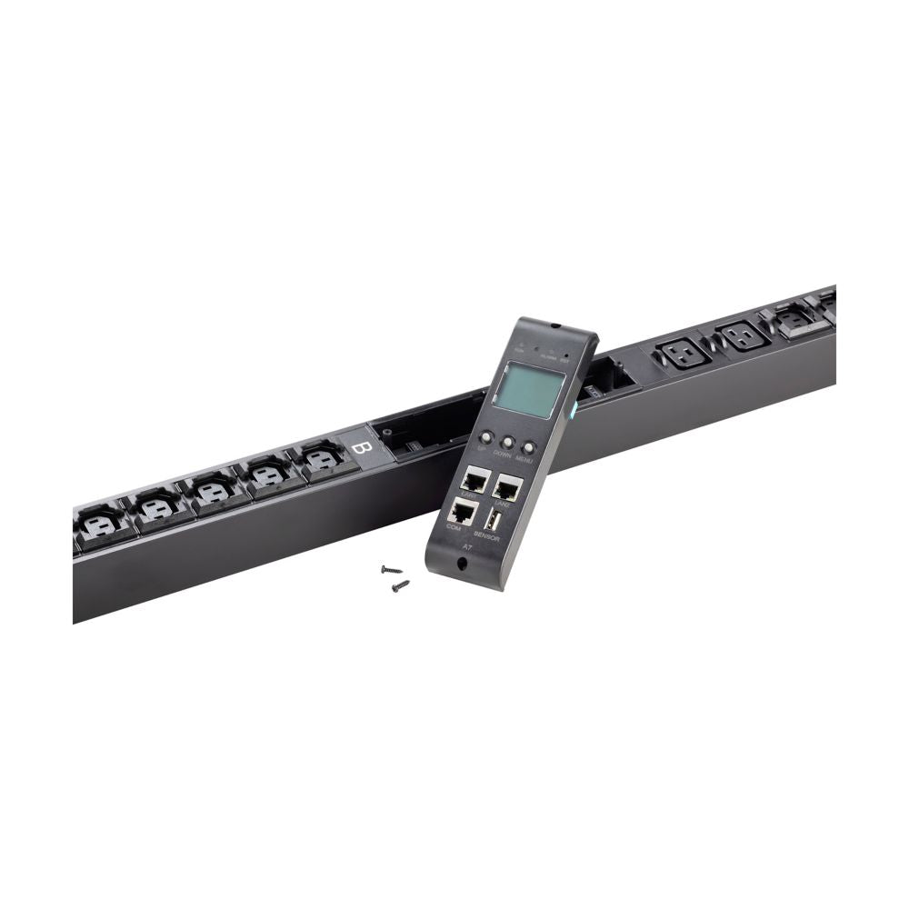 Black plastic metered input 1u rack pdu with 8 iec c13 outlets and separate remote control with ethernet ports