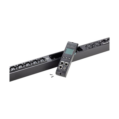 Black plastic metered input 1u rack pdu with 8 iec c13 outlets and separate remote control with ethernet ports