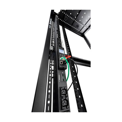 Black rack-mounted power distribution unit with multiple outlets and digital display for Eaton FlexPDU G2 environmental monitoring