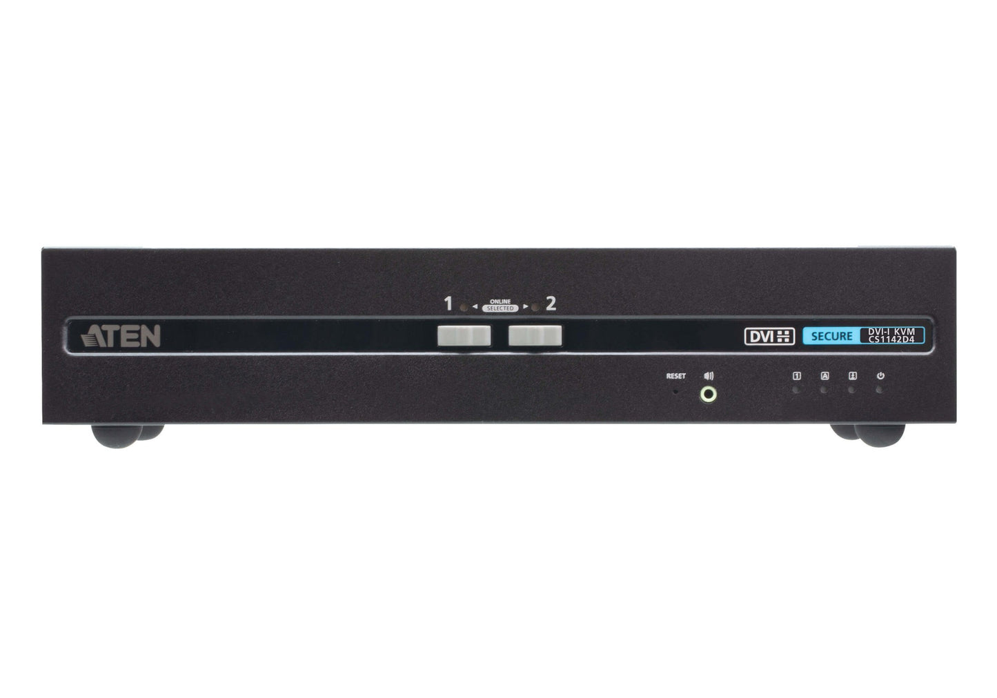 Black Aten CS1142D4-AT-U 2-port DVI dual display secure KVM switch with silver buttons and indicator lights