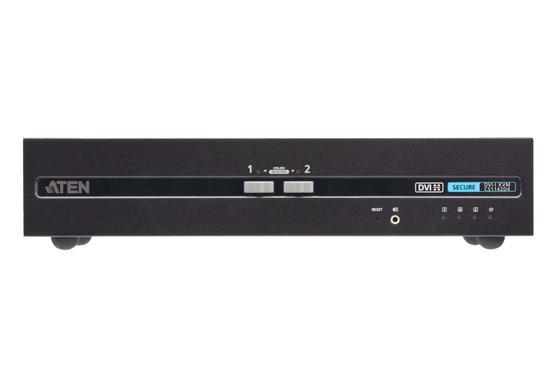 Black Aten CS1142D4-AT-U 2-port DVI dual display secure KVM switch with silver buttons and indicator lights