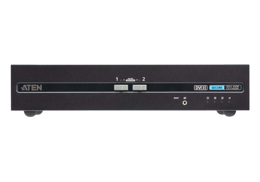Black Aten CS1142D4-AT-U 2-port DVI dual display secure KVM switch with silver buttons and indicator lights