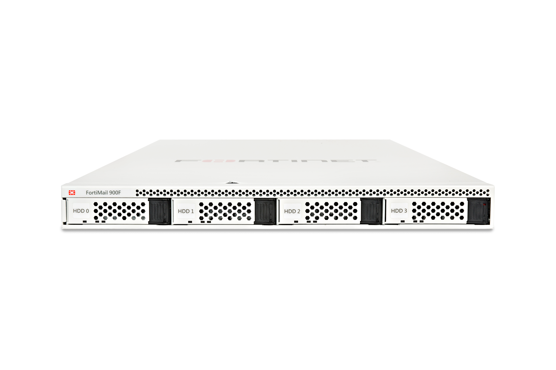 Fortinet FortiMail-900F white server with 4 labeled black HDD bays