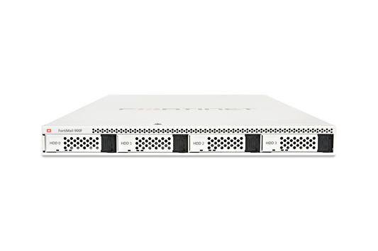 White Fortinet FortiMail 900F server with 4 labeled black HDD bays