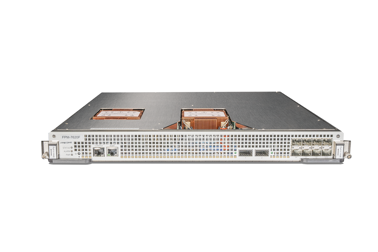Fortinet FPM-7620F processing module with copper heat sinks and QSFP28 SFP28 ports