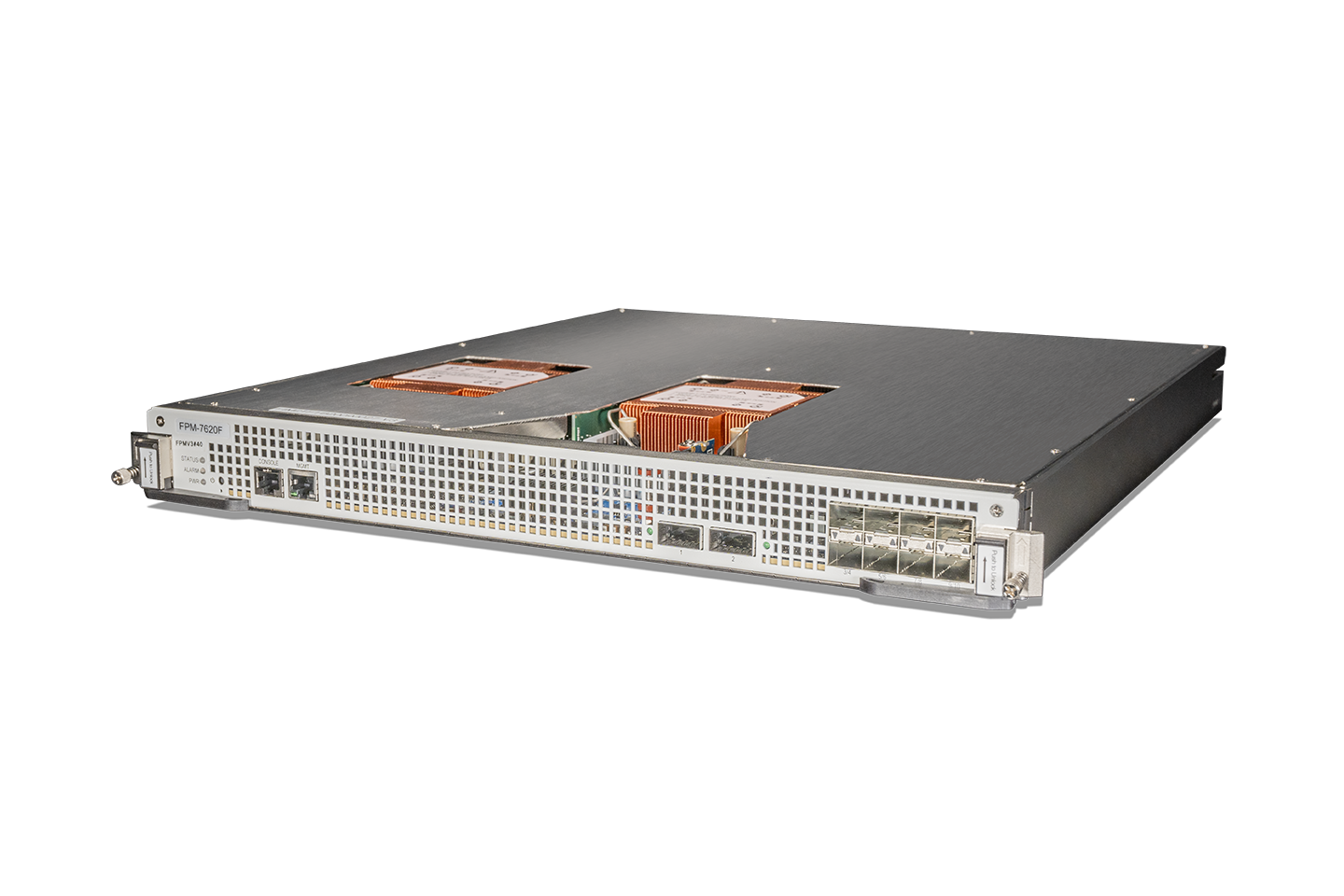 Fortinet FPM-7620F silver server rack with orange heat sinks and QSFP28 ports