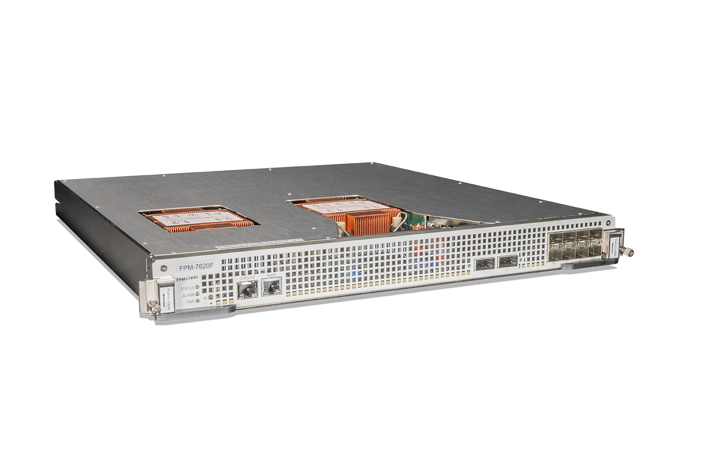Fortinet FPM-7620F processing module with silver rack, orange heatsinks, 2x QSFP28, 8x SFP28 ports