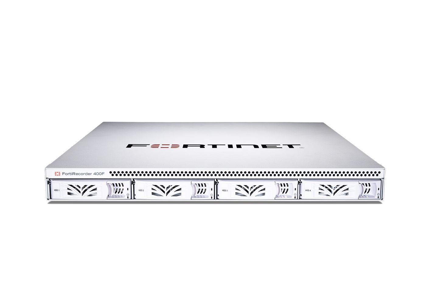 White Fortinet FortiRecorder 400F network video recorder with 3 GE RJ45 ports