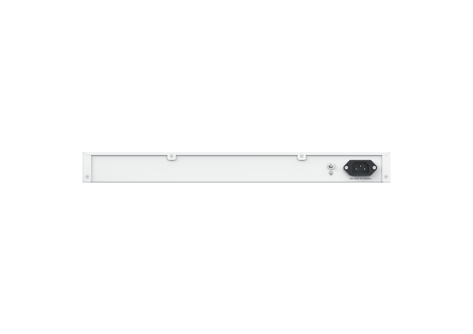 Back of Fortinet FortiSwitch-124G: white rectangular switch with black power port on right