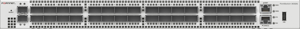 Fortinet FortiSwitch-3032G gray metal server rack with ports and labels