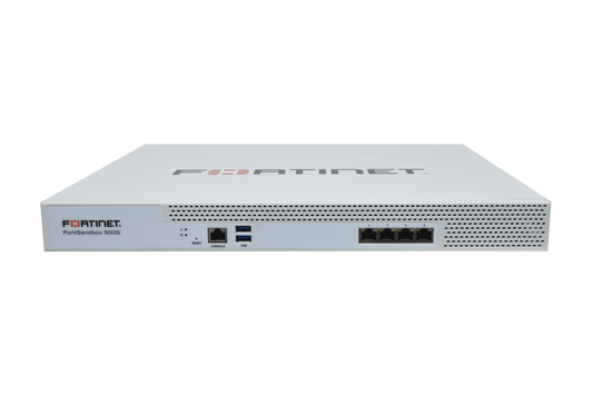 White Fortinet FDN-Sender 1025 security appliance with ethernet ports, FSA-500G model